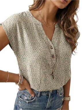 Women's V-Neck Short Sleeve Tunic Blouse Loose Fit Henley Shirt Summer